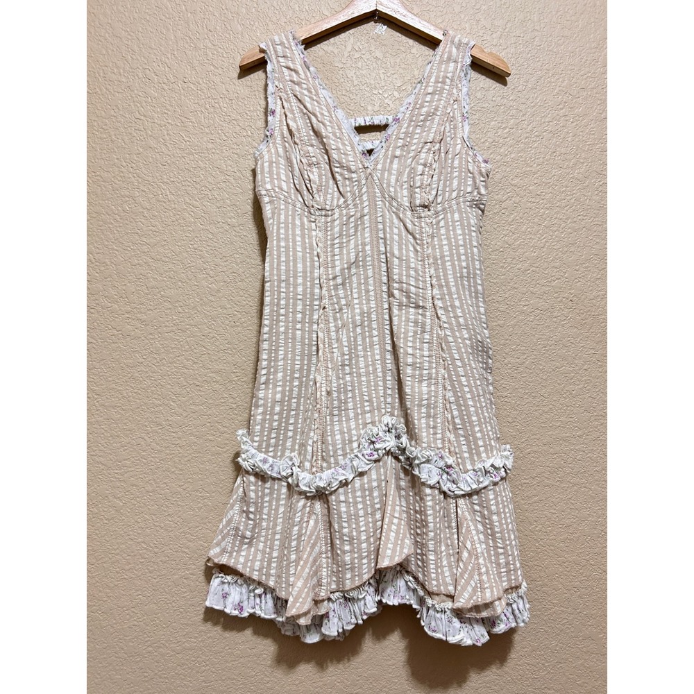Free People 4 Ruffle Dress Tan White Western Fairy Boho Slip Magnolia